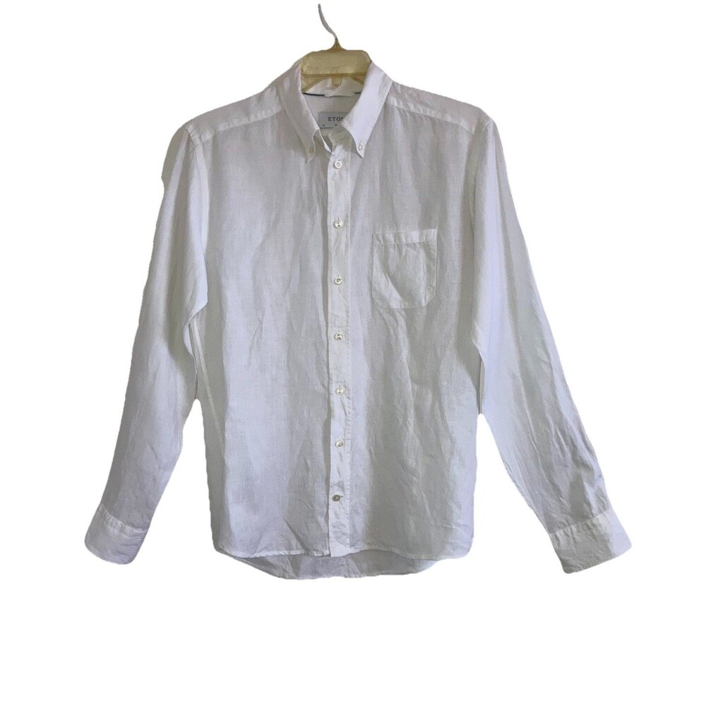 ETON SLIM L Solid White 100% Linen Long Sleeve Dress / Casual Men's Shirt Button - Picture 2 of 6